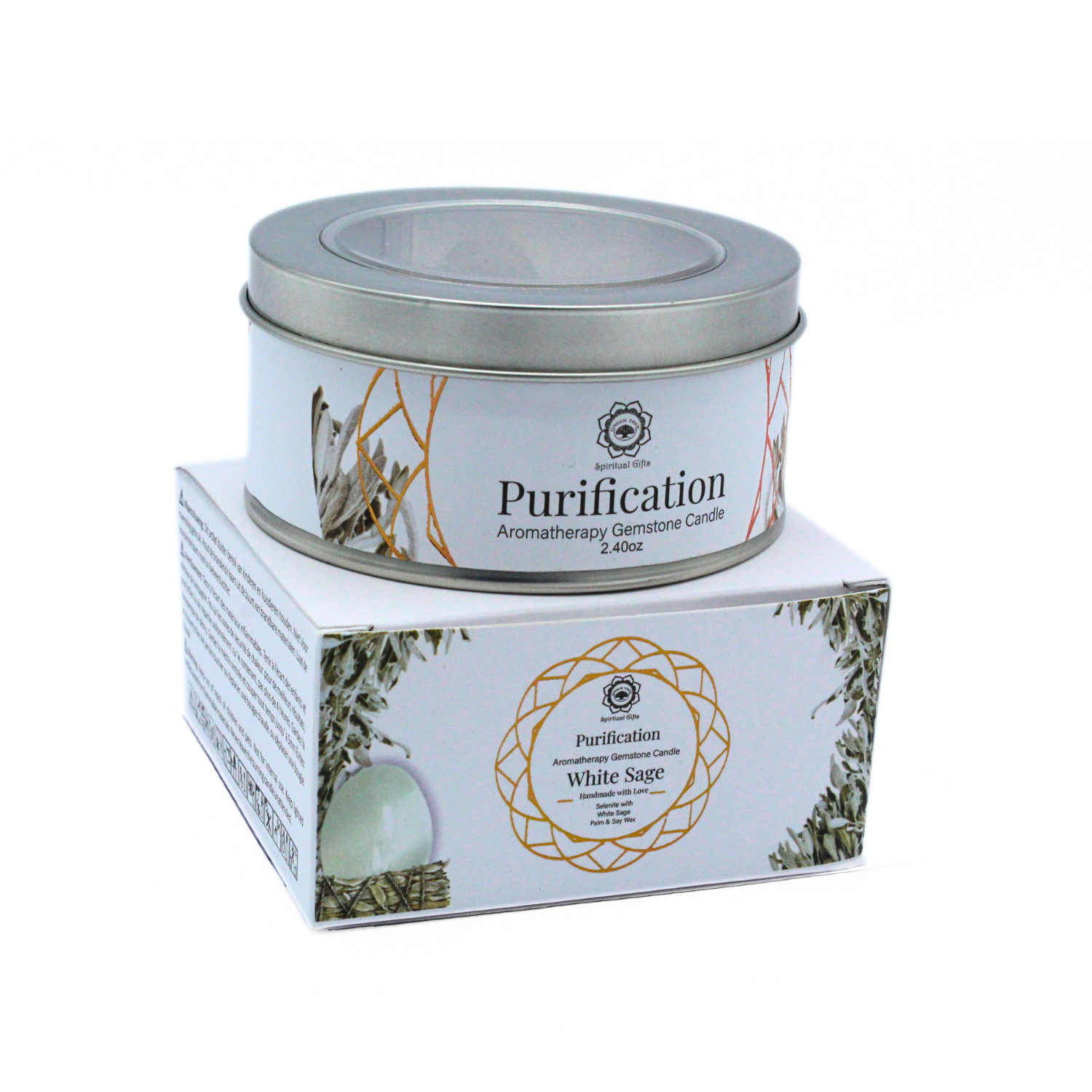 Bougie parfumée à la sauge blanche Green Tree 70 g - Purification avec pierres précieuses