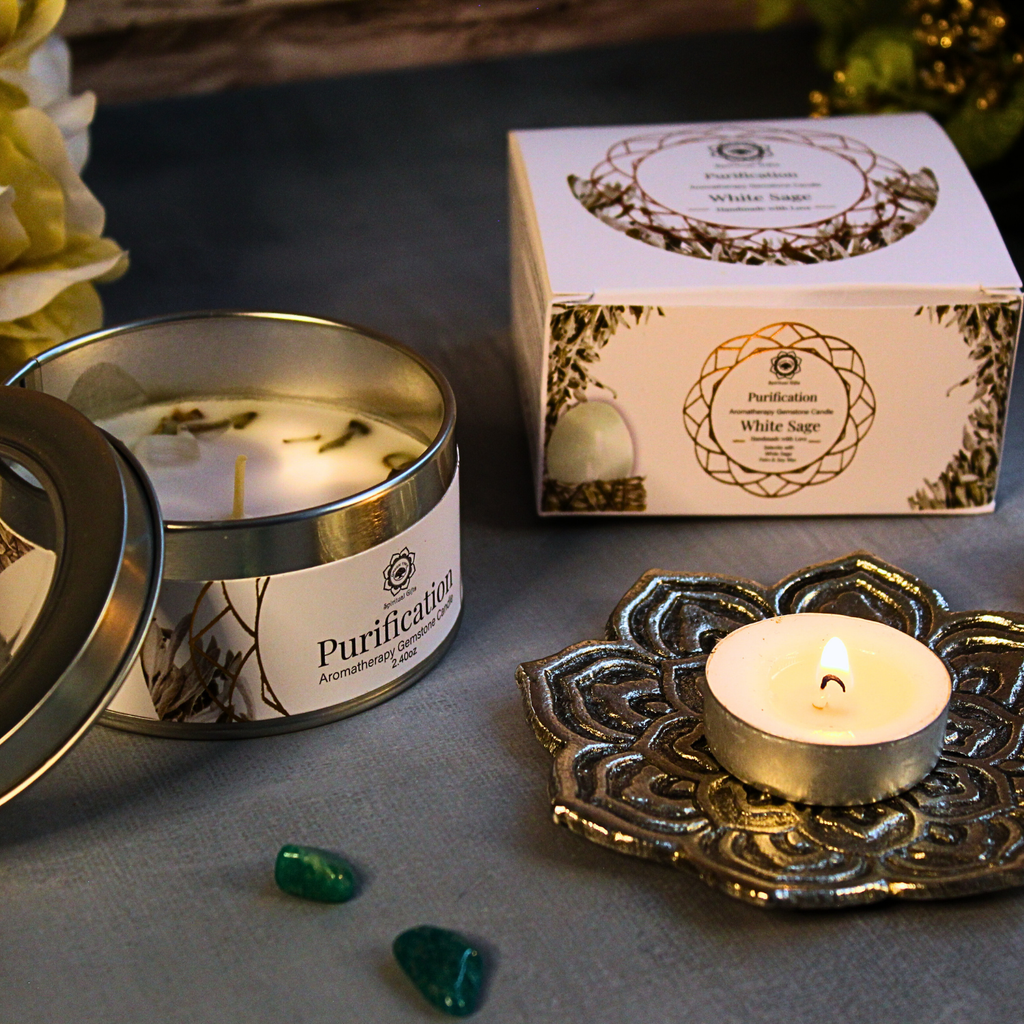 Bougie parfumée à la sauge blanche Green Tree 70 g - Purification avec pierres précieuses