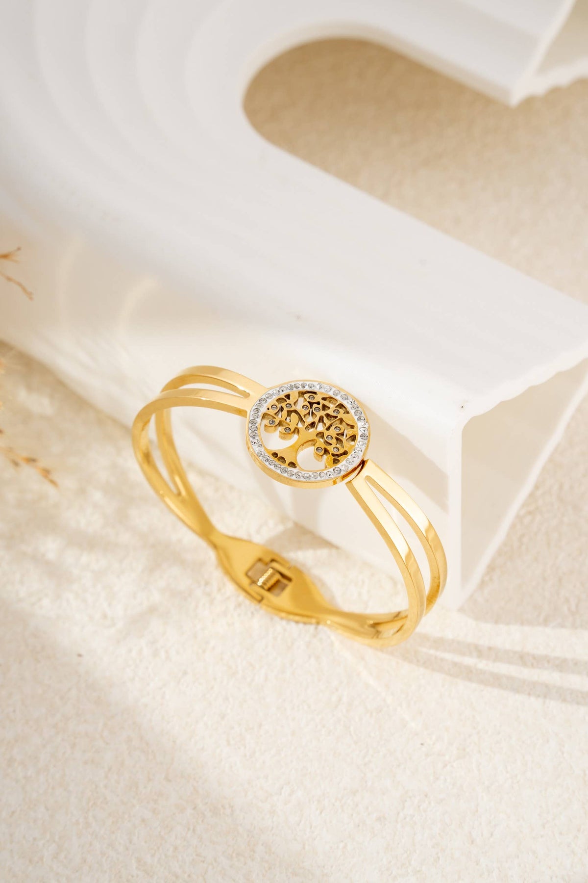 Bracelet doré arbre de vie cristaux acier inoxydable élégant
