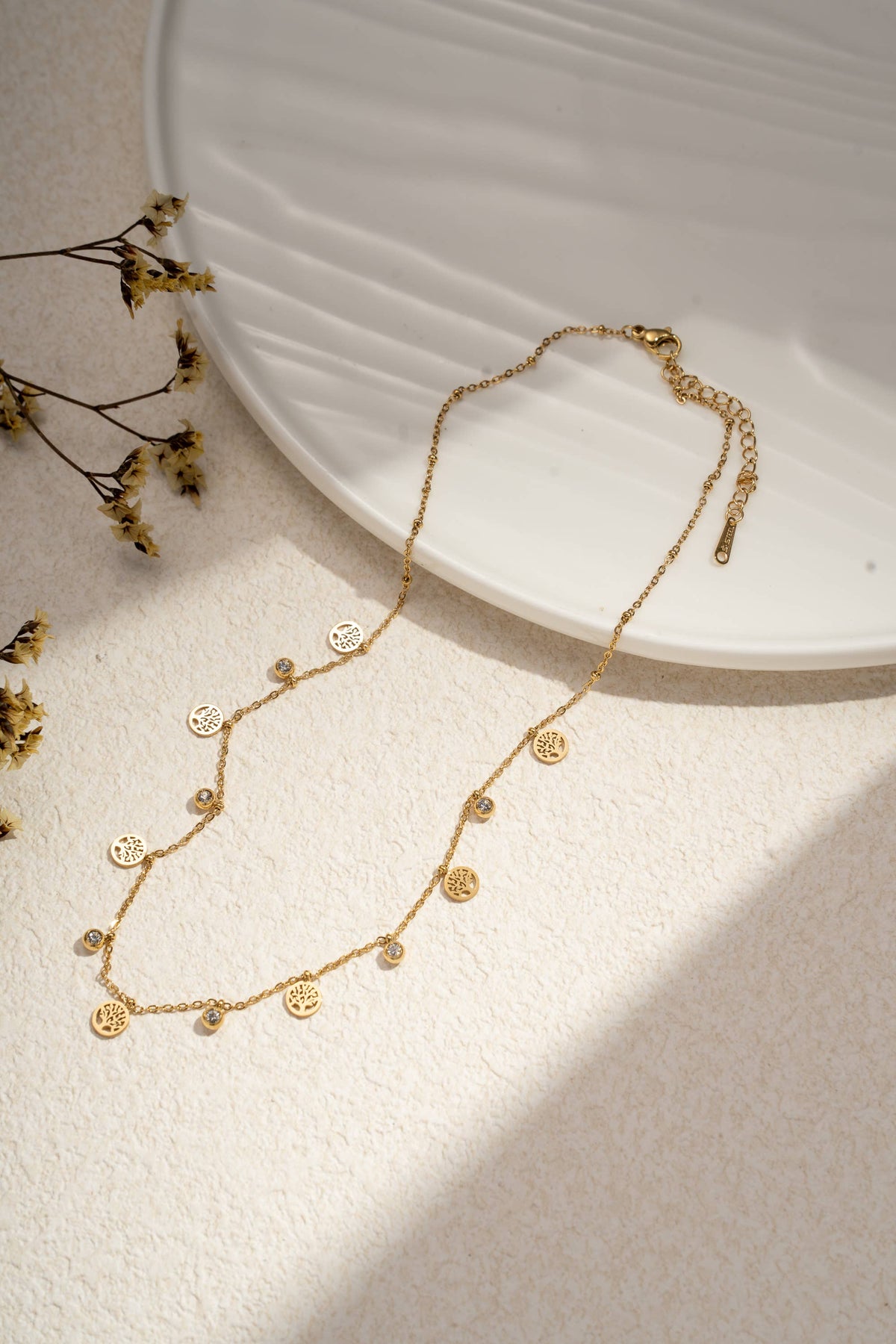Parure collier et bracelet breloque arbre de vie en acier
