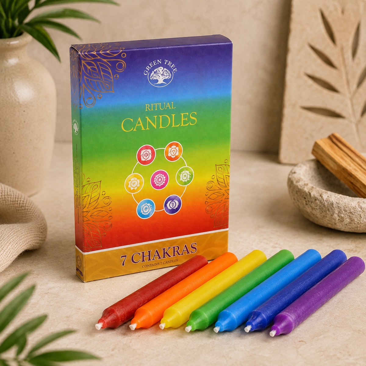 Bougies rituelles Green Tree sept chakras - 7 bougies/paquet