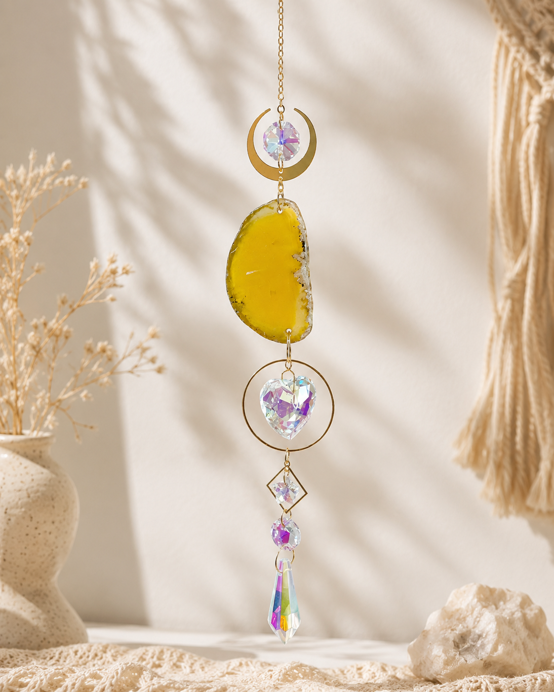 Attrape Soleil Agate Jaune Lune-Coeur Cristal 41cm
