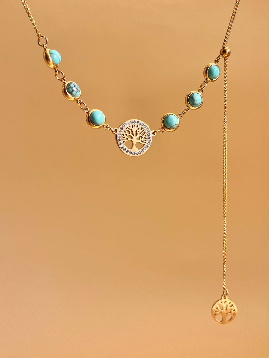 Collier Arbre de Vie Doré – Pierres Turquoises et Pendentifs