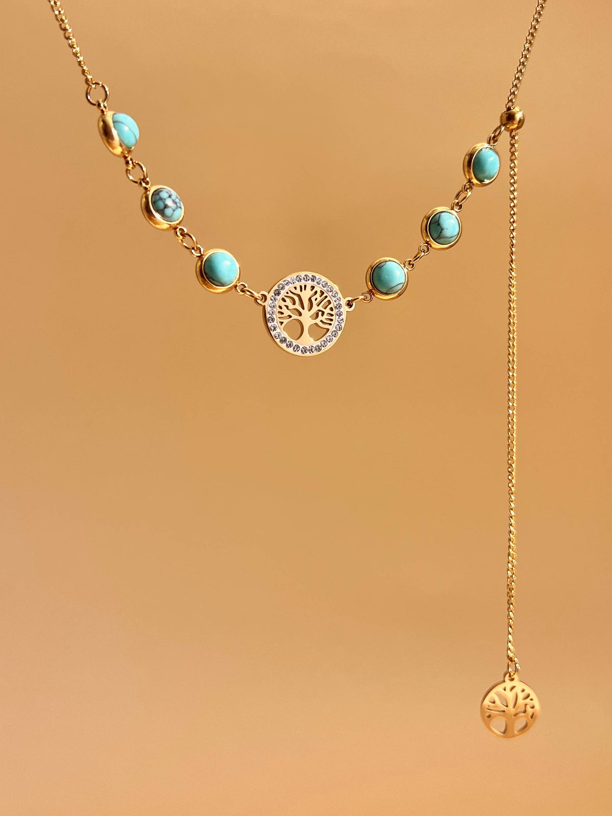 Collier Arbre de Vie Doré – Pierres Turquoises et Pendentifs